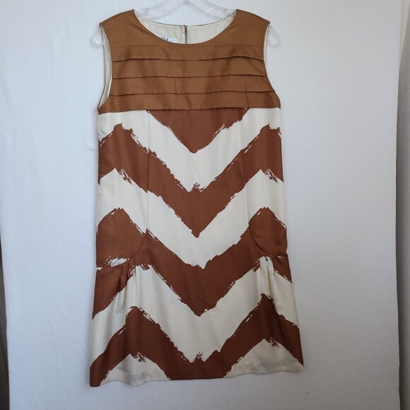 Tibi New York Silk Dress Brown Cream Shift Style Popover Lined Womens 2 - Picture 2 of 12